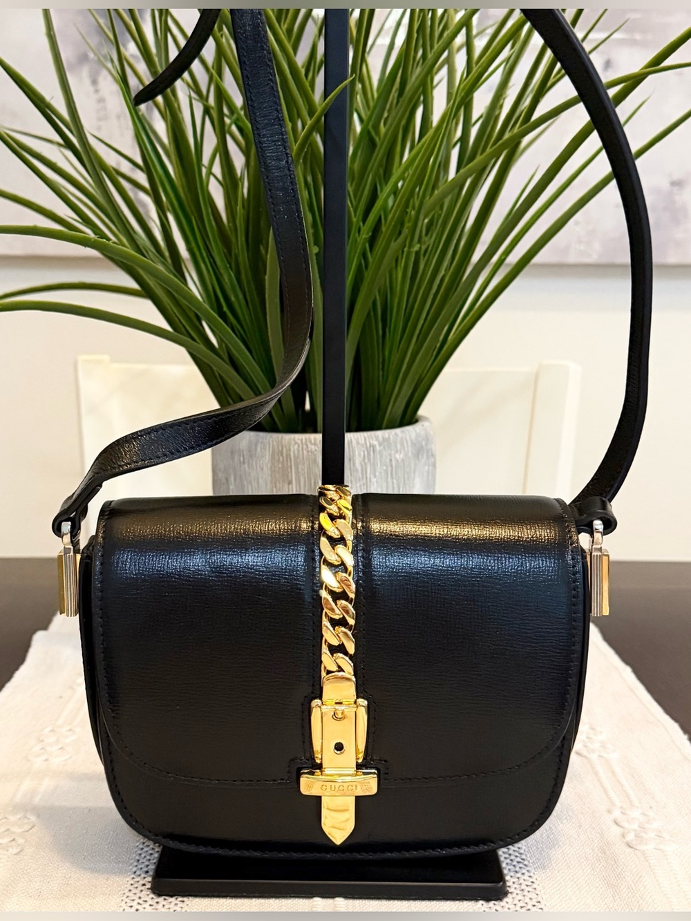 Gucci Mini Sylvie Leather Gold Chain Black Gloss Crossbody